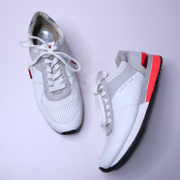 MICHAEL KORS Allie Trainers White Red Leather Lace Up Sneakers Women's 8.5M - Picture 1 of 10